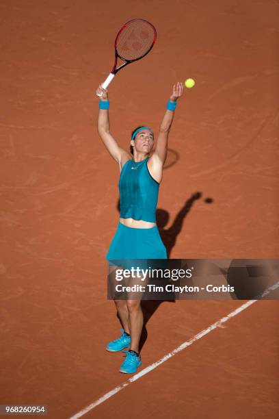 June 2. French Open Tennis Tournament - Day Seven. Caroline Garcia of France in action against Irina-Camelia Begu of Romania in the evening light on...