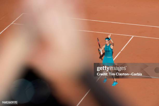 June 2. French Open Tennis Tournament - Day Seven. Caroline Garcia of France celebrates her win against Irina-Camelia Begu of Romania in the evening...