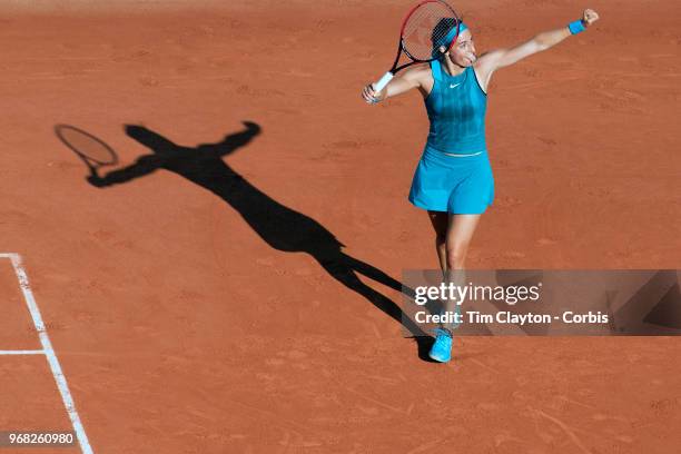 June 2. French Open Tennis Tournament - Day Seven. Caroline Garcia of France celebrates her win against Irina-Camelia Begu of Romania in the evening...