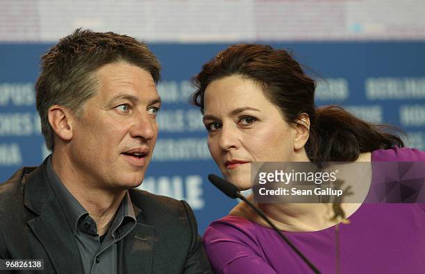 Actress Martina Gedeck and actor Tobias Moretti attend the 'Jud Suess Film Ohne Gewissen' Press Conference during day eight of the 60th Berlin...