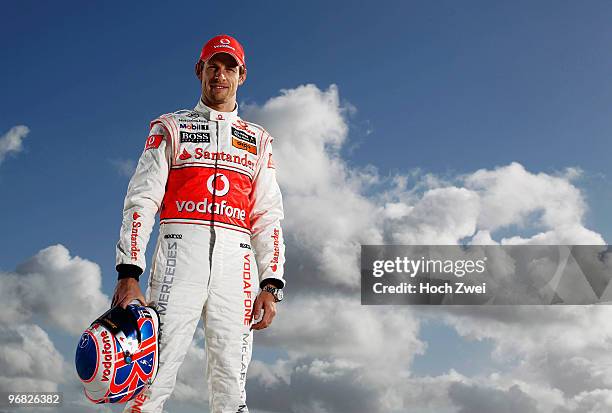 Jenson Button of Great Britain and McLaren Mercedes poses for a portrait during winter testing at the Circuito De Jerez on February 8, 2010 in Jerez...