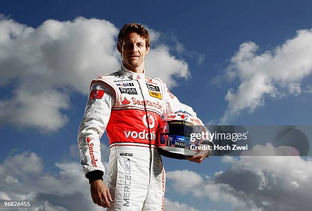 Jenson Button of Great Britain and McLaren Mercedes poses for a portrait during winter testing at the Circuito De Jerez on February 8, 2010 in Jerez...