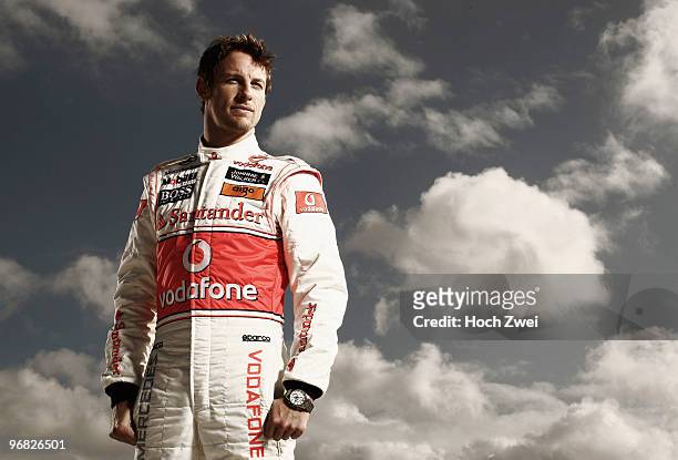 Jenson Button of Great Britain and McLaren Mercedes poses for a portrait during winter testing at the Circuito De Jerez on February 8, 2010 in Jerez...