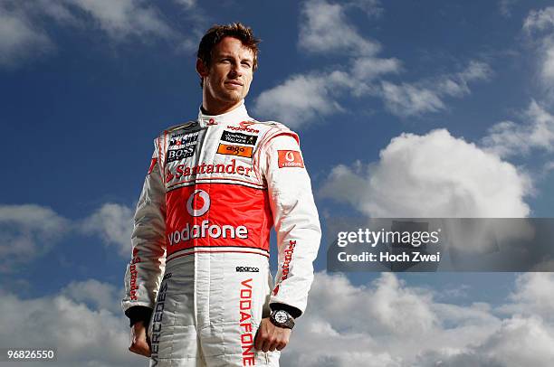 Jenson Button of Great Britain and McLaren Mercedes poses for a portrait during winter testing at the Circuito De Jerez on February 8, 2010 in Jerez...