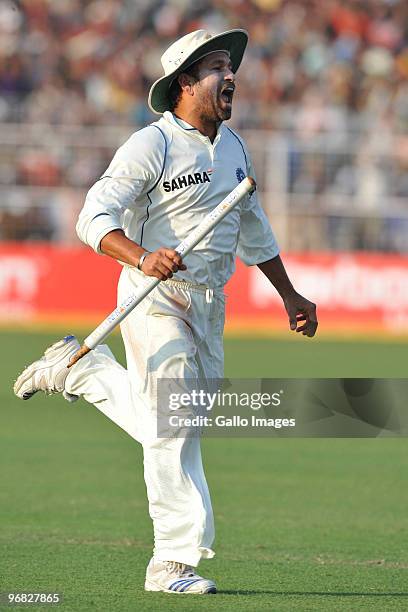 Sachin Tendulkar of India celebrates the win during day five of the Second Test match between India and South Africa at Eden Gardens on February 18,...