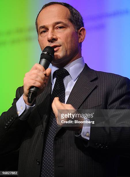 Frederic Oudea, chairman and chief executive officer of Societe Generale, speaks at a news conference in Paris, France, on Thursday, Feb. 18, 2010....