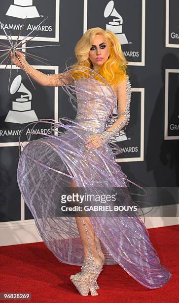 Lady Gaga arrives on the red carpet at the 52nd Grammy Awards in Los Angeles on January 31, 2010. AFP PHOTO/Gabriel BOUYS