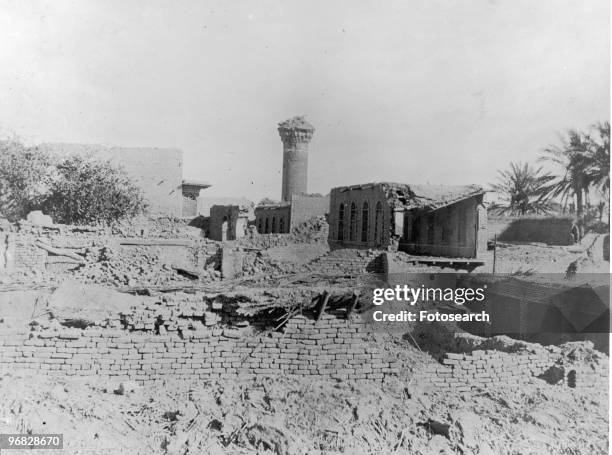 Photograph of the Destruction of Buildings during the Siege of Kut in Baghdad, Iraq circa 1916.