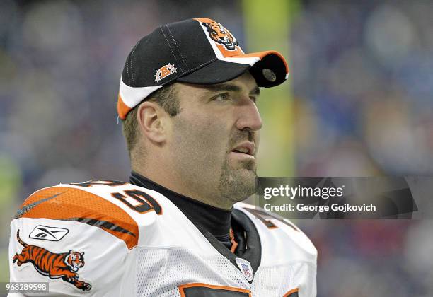 Offensive lineman Scott Kooistra of the Cincinnati Bengals looks on from the sideline during a game against the Buffalo Bills at Ralph Wilson Stadium...