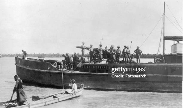 Photograph of a River Boat with a Gun during the Siege of Kut circa 1916.
