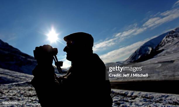 Peter Fraser head stalker on the Invercauld Estate counts deer in Glen Clunie on February 18, 2010 in Braemar, Scotland. Many deer are facing...