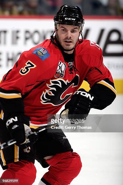 Ian White of the Calgary Flames skates against the Dallas Stars on February 11, 2010 at Pengrowth Saddledome in Calgary, Alberta, Canada. The Stars...