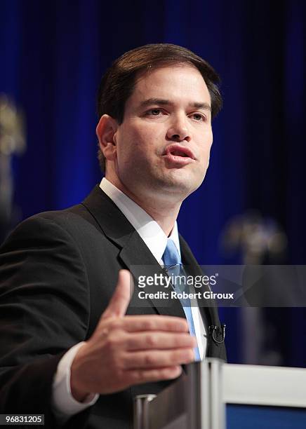 Marco Rubio speaks to attendees at the annual Conservative Political Action Conference on February 18, 2010 in Washington, DC. Rubio is a Republican...