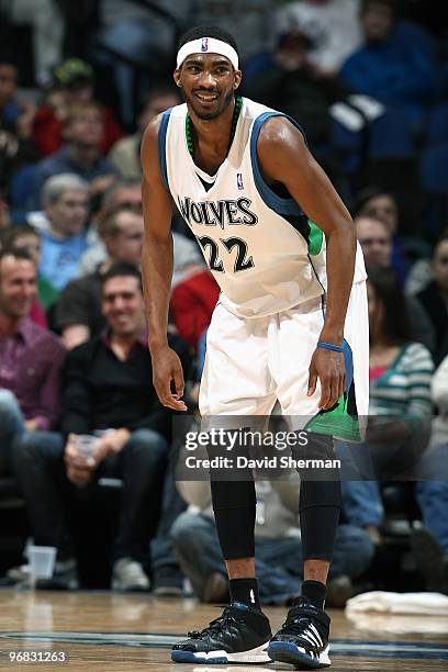 Corey Brewer of the Minnesota Timberwolves cracks a smile during the game against the Los Angeles Clippers on January 29, 2010 at the Target Center...