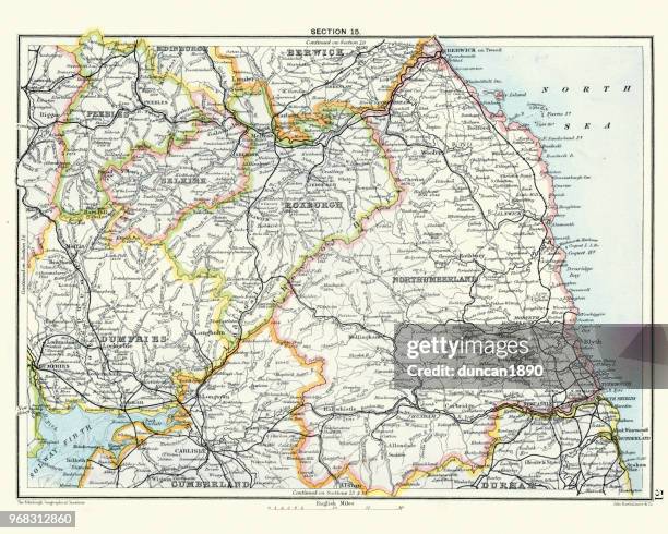 antique map, northumberland, roxburgh, cumberland 19th century - northumberland stock illustrations