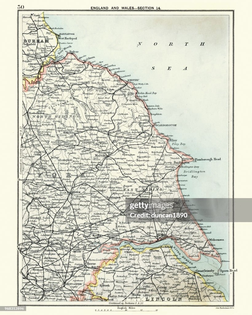 Mapa antiguo, del norte y Yorkshire oriental siglo XIX
