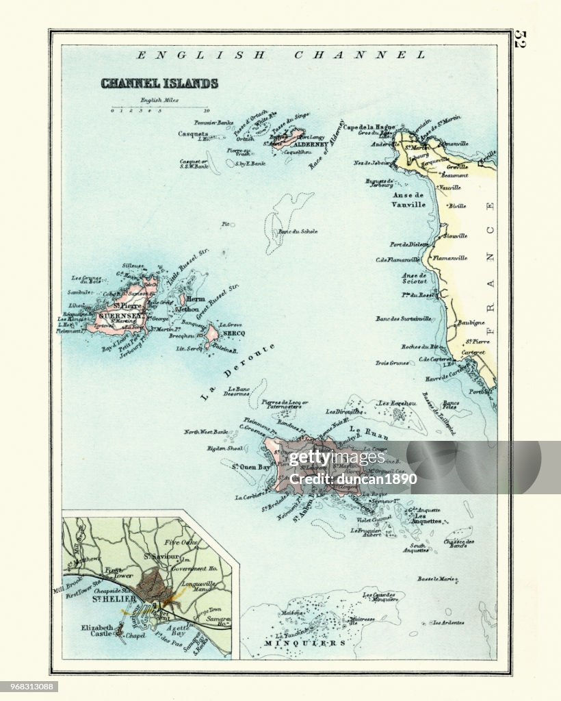 Carte antique, île anglo-normande, Jersey, Guernesey, Alderney, XIXe siècle