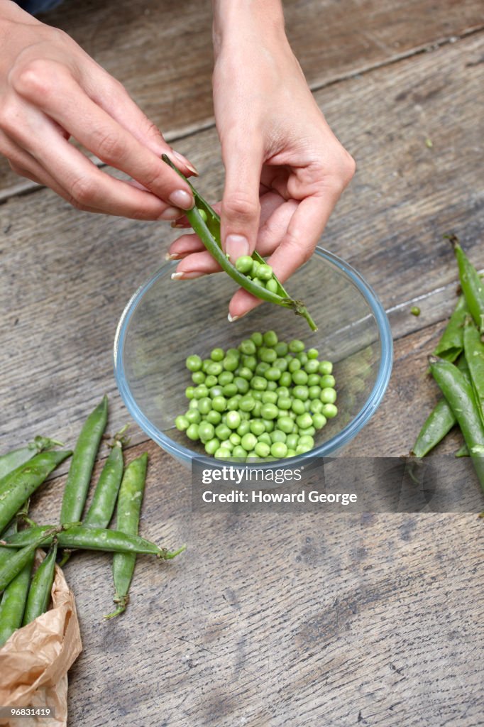 Woman popping peas from pod