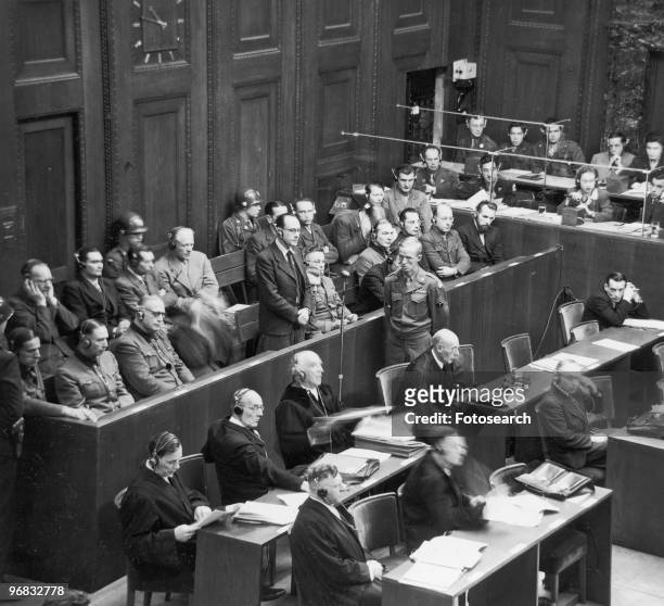 Photograph of the Courtroom during the Nuremberg Trials, circa 1945.