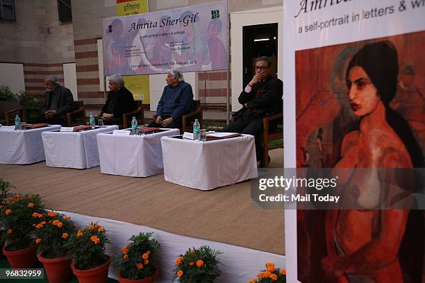 From left - Ghulam Mohammed Sheikh , artist-author Vivan Sundaram , Krishen Khanna and Secretary, ministry of culture, Jawahar Sircar share the dais...
