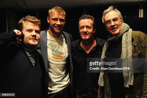 Actor James Corden, England Cricketer Andrew Flintoff with Piers Morgan and actor Larry Lamb backstage during Naomi Campbell's Fashion For Relief...