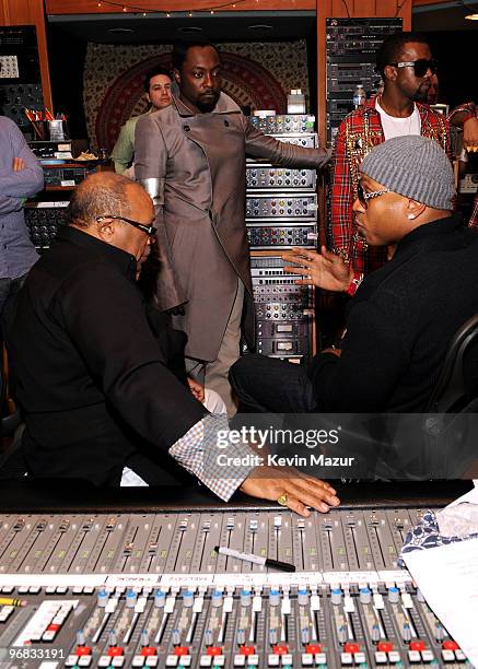 Singers will.i.am, Kanye West, Producer Quincy Jones and singer LL Cool J at the "We Are The World 25 Years for Haiti" recording session held at Jim...