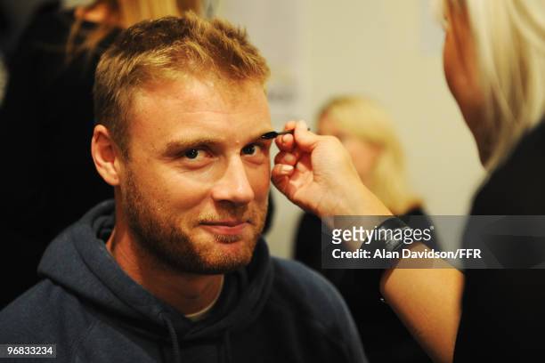 Cricketer Andrew Flintoff has his make up done backstage during Naomi Campbell's Fashion For Relief Haiti London 2010 Fashion Show at Somerset House...