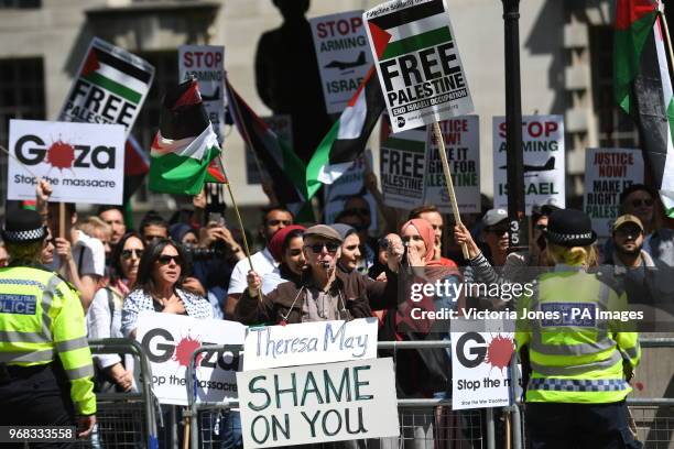 Demonstrators on Whitehall ahead of the arrival of Israeli Prime Minister Benjamin Netanyahu for a bilateral meeting with Prime Minister Theresa May...