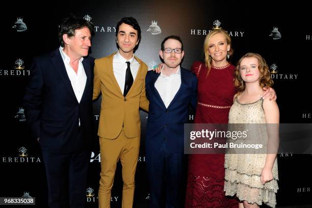 Gabriel Byrne, Alex Wolff, Ari Aster, Toni Collette and Milly Shapiro attend A24 Hosts A Screening Of "Hereditary" at Metrograph on June 5, 2018 in...