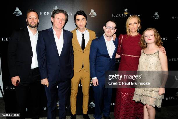 Gabriel Byrne, Alex Wolff, Ari Aster, Toni Collette and Milly Shapiro attend A24 Hosts A Screening Of "Hereditary" at Metrograph on June 5, 2018 in...