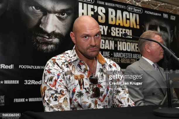 Tyson Fury poses for a photograph during the Tyson Fury and Sefer Seferi Press Conference on June 6, 2018 in Manchester, England.