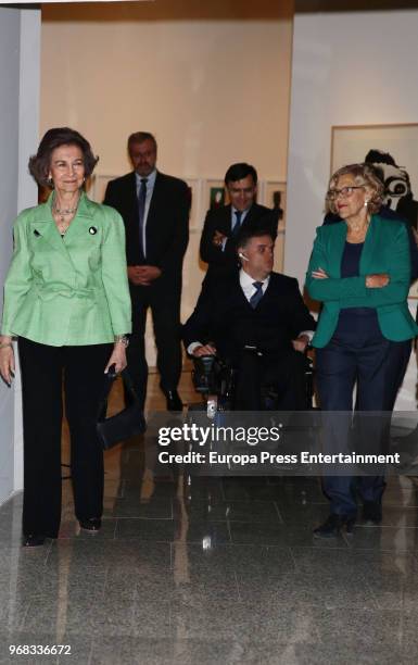Queen Sofia and major of Madrid, Manuela Carmena attend 'Fundacion ONCE' Contemporary Art Biennale exhibition at Cibeles Palace on June 5, 2018 in...