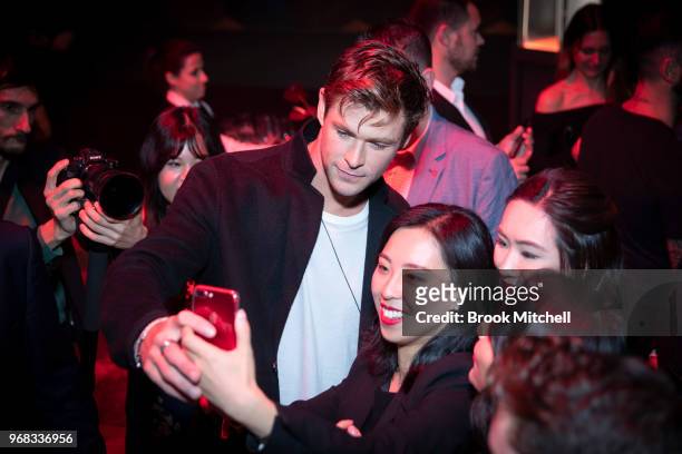 Chris Hemsworth greets fans at the TAG Heuer 'Museum In Motion' Australian Launch at Museum of Contemporary Art on June 6, 2018 in Sydney, Australia.