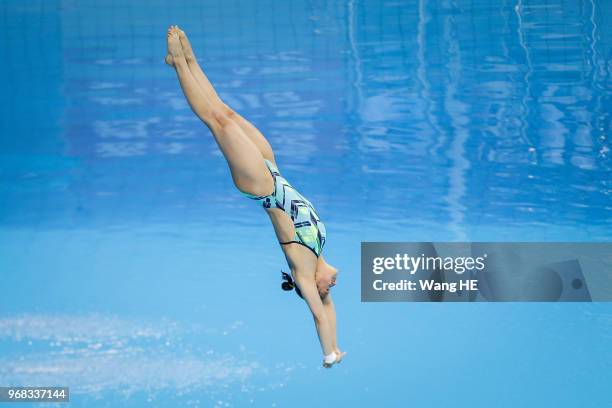 Del Angel Peniche of Mexico of compete in the women's 10m Synchro Springboard final on FINA Diving World Cup 2018 at the Wuhan Sports Center on June...