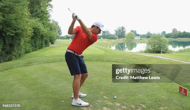 Nino Bertasio of Italy tees off on the 5th hole during the Pro-Am of The 2018 Shot Clock Masters at Diamond Country Club on June 6, 2018 in...