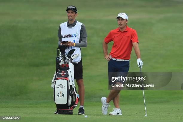 Nino Bertasio of Italy looks on with his caddie during the Pro-Am of The 2018 Shot Clock Masters at Diamond Country Club on June 6, 2018 in...