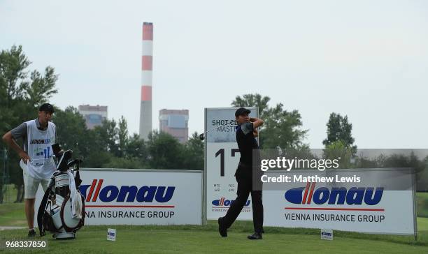 Ashun Wu of China tees off on the 17th hole during the Pro-Am of The 2018 Shot Clock Masters at Diamond Country Club on June 6, 2018 in Atzenbrugg,...