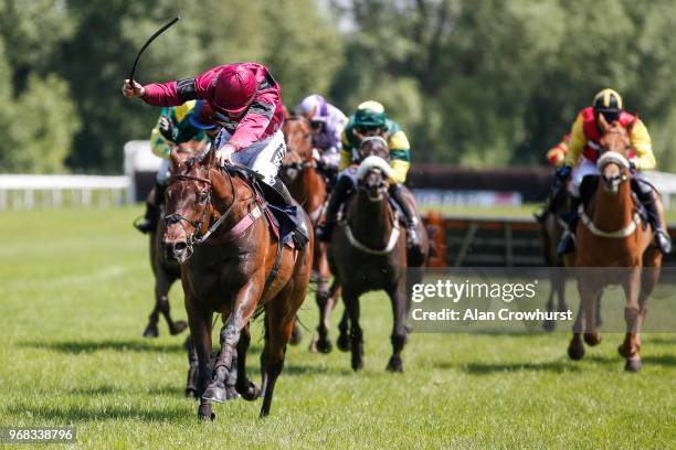 Robert Williams riding Borak win The Andrew Thornton Congratulations On Your Retirement Handicap Hurdle at Uttoxeter Racecourse on June 06, 2018 in...