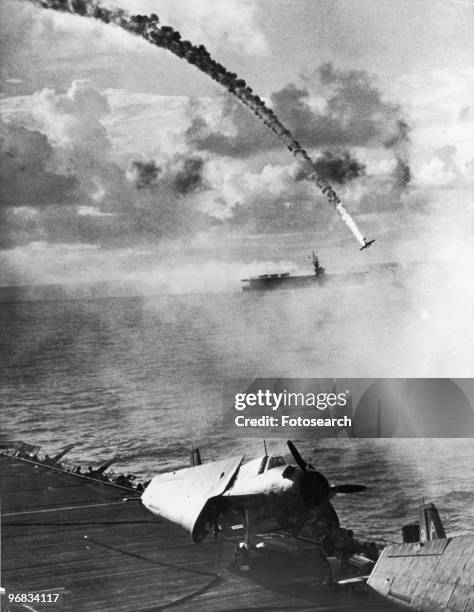 Photograph of a Burning Kamikaze Plane, circa 1941.