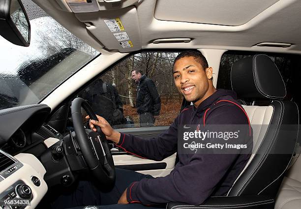 Delon Armitage of the England Rugby team drives a Land Rover during a Land Rover Experience Day at Longcross on February 18, 2010 in Chertsey,...