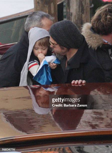 Brad Pitt and daughter Shiloh Jolie-Pitt depart Palazzo Mocenigo on February 18, 2010 in Venice, Italy.