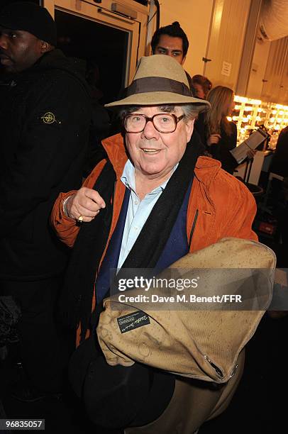 Ronnie Corbett poses backstage during Naomi Campbell's Fashion For Relief Haiti London 2010 Fashion Show at Somerset House on February 18, 2010 in...