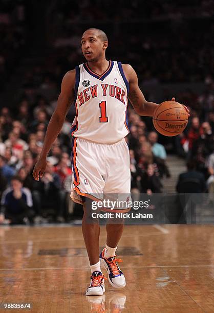 Chris Duhon of the New York Knicks dribbles against the Chicago Bulls at Madison Square Garden on February 17, 2010 in New York, New York. NOTE TO...