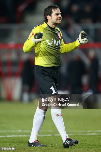 Sander Boschker of Enschede celebrates the first goal during the UEFA Europa League knock-out round, first leg match between FC Twente Enschede and...