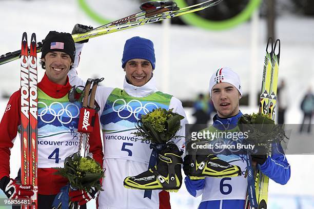 Winter Olympics: USA Johnny Spillane , France Jason Lamy Chappuis , and Italy Alessandro Pittin victorious after winning Men's Individual 10K at...