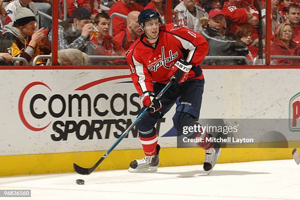 Eric Fehr of the Washington Capitals skates with the puck during a NHL hockey game against the Pittsburgh Penguins on February 7, 2010 at the Verizon...