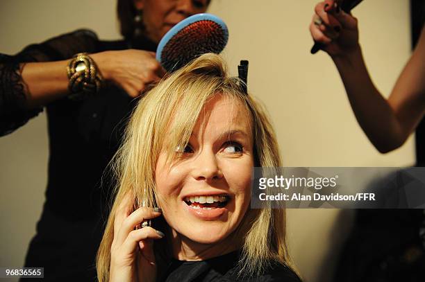 Actress Amanda Holden backstage during Naomi Campbell's Fashion For Relief Haiti London 2010 Fashion Show at Somerset House on February 18, 2010 in...