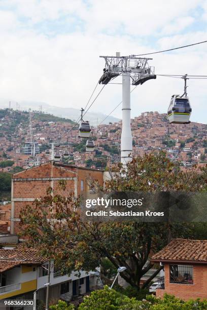 metro cable line above the houses, public transportation, medellin, colombia - metro medellin stock pictures, royalty-free photos & images