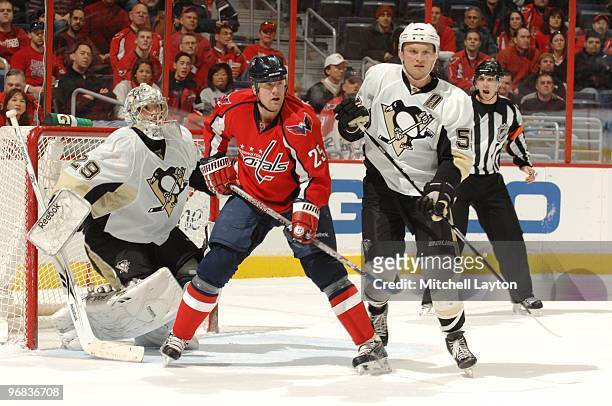 Jason Chimera of the Washington Capitals looks for a pass during a NHL hockey game against the Pittsburgh Penguins on February 7, 2010 at the Verizon...