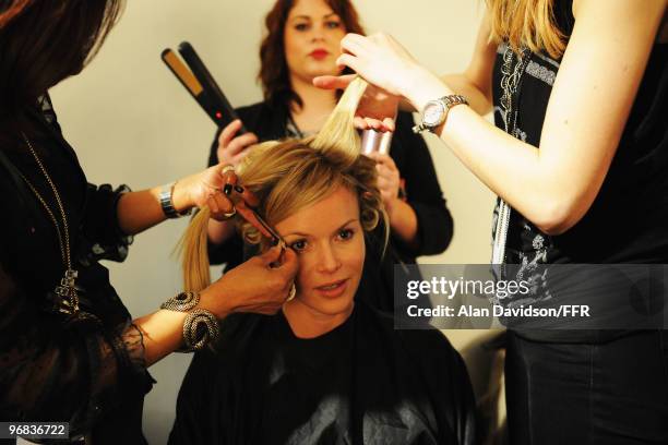 Actress Amanda Holden backstage during Naomi Campbell's Fashion For Relief Haiti London 2010 Fashion Show at Somerset House on February 18, 2010 in...